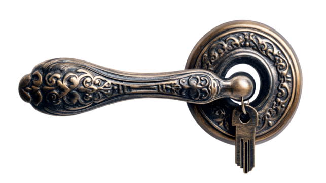 Elegant brass door handle with keyhole cut out transparent background .png
