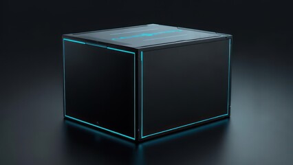 Sleek Futuristic Black Cube Illuminated by Glowing Cyan Energy Lines on a Dark Reflective Surface
