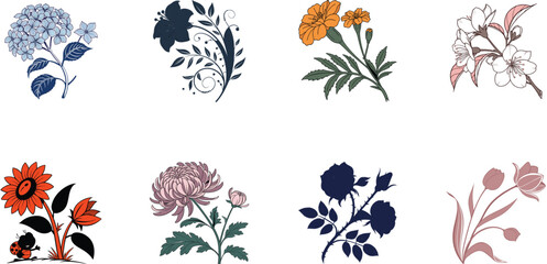 Bundle of 8 Colorful Botanical Flower Illustrations – Vintage Floral Clipart Set for Print, Design, and Digital Art Projects