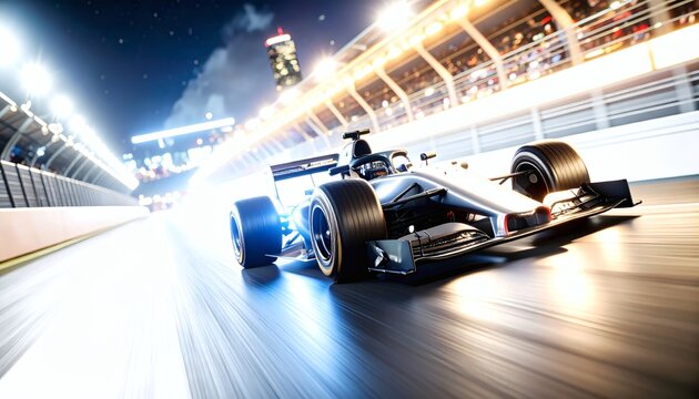 Formula 1 Car Racing on Night Circuit with Light Trails in Urban Environment