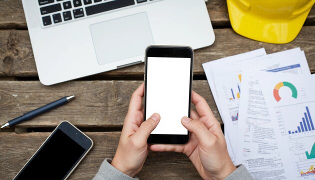Hands holding a smartphone with a blank screen, surrounded by work tools on a wooden desk, representing modern business, technology, and data analysis.