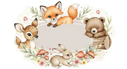 Adorable Watercolor Woodland Animals Frame with Blank Space