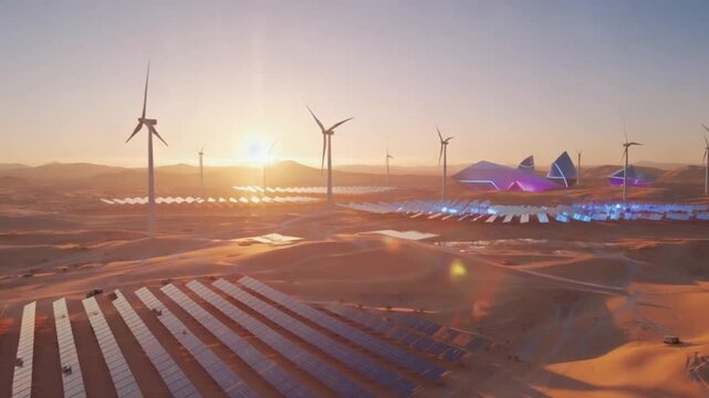 Futuristic renewable energy landscape at sunset with wind turbines and solar panels in desert - Powered by Adobe