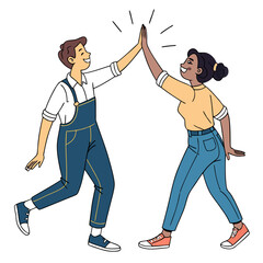 Two happy diverse friends giving each other a high five celebration