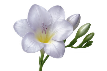 Naklejka premium Elegant white freesia blossom opening gracefully, soft petals unfurling against pristine transparent backdrop, highlighting botanical delicacy