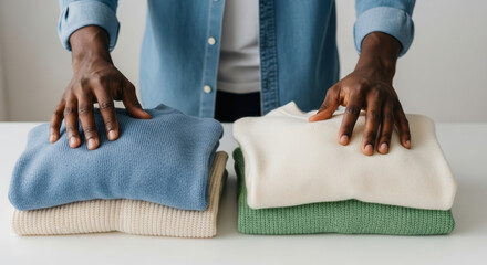 Person wearing denim shirt folding warm knit sweaters and organizing clothing piles on white table cozy home routine, neat and tidy wardrobe arrangement, hands arranging folded garments