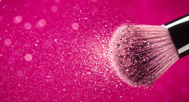 Macro makeup brush mid-swipe releasing pink and silver glitter, vibrant pink bokeh background, sparkling energetic editorial style.
