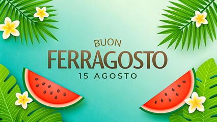 Colorful ferragosto celebration design with watermelon slices and tropical leaves
