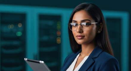 Confident young professional woman in glasses using digital tablet in modern data server room, demonstrating expertise in technology and digital security management