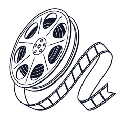 Vintage film reel with flowing film strip in a simple line drawing style
