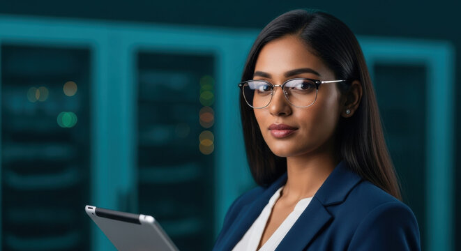 Confident young professional woman in glasses using digital tablet in modern data server room, demonstrating expertise in technology and digital security management
