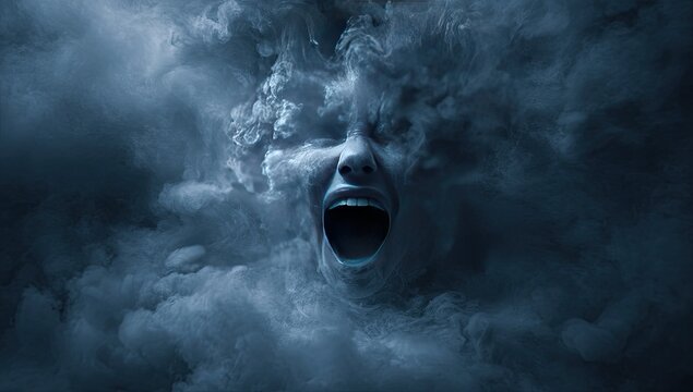 Woman's face screams, engulfed by smoke, dark background, horror concept art