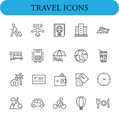 Travel and Tourism set of web icons in line style. Icons include a walking person with a suitcase, airplane, passport, hotel, and cruise ship.