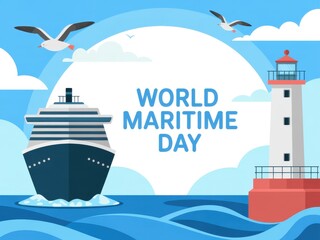 World maritime day celebration with ship and lighthouse