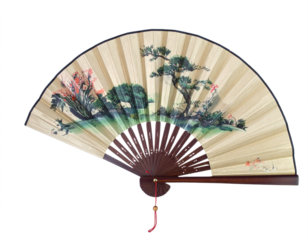 Elegant traditional Japanese fan artfully painted with serene natural landscape scenes and delicate floral motifs