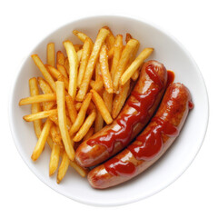  Currywurst mit Pommes Frites auf weißem Hintergrund - Freigestellt [Transparent Background PNG].