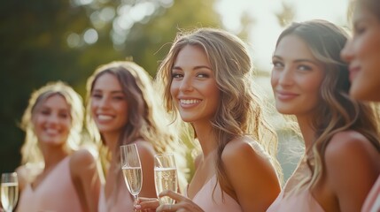 Elegant Outdoor Celebration with Group of Women Toasting with Champagne