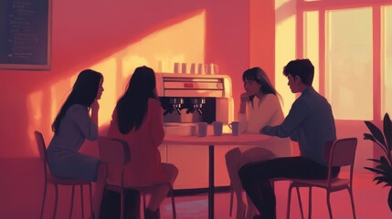 Fototapeta premium Cozy Coffee Shop Gathering with Friends in Warm Sunset Light
