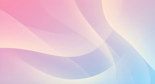 An abstract background featuring transparent, overlapping curves in a soft pastel gradient of pink, yellow, purple, and blue.