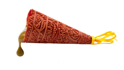 Intricate carved wooden tool with golden liquid dripping, symbolizing tradition and craftsmanship