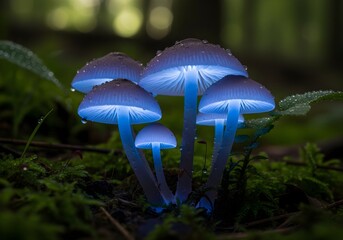 Glowing Psychedelic Mushrooms in Shaded Woodland