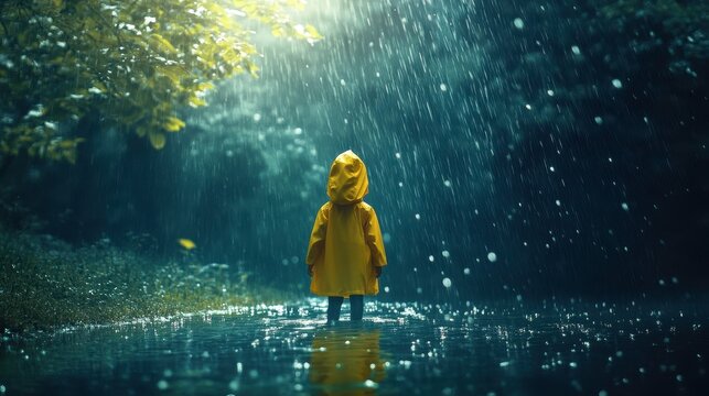 Child in Yellow Raincoat Standing in Rainy Forest Landscape