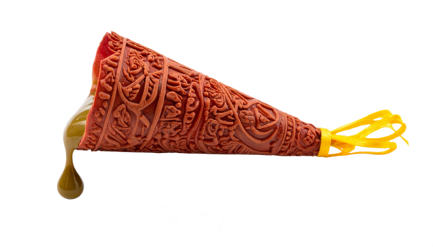 Intricate carved wooden tool with golden liquid dripping, symbolizing tradition and craftsmanship