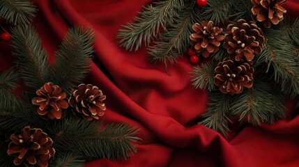Cozy Holiday Scene with Pinecones and Evergreen on Red Fabric