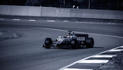 High-Speed Formula 1 Race Car Blurs Past on Track, Captured in Black and White for Dynamic Visual Impact