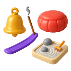 3D Plastic Icon Style Zen Objects Incense Bell and Red Pouf Above Sand Garden and Stones in a Transparent Background