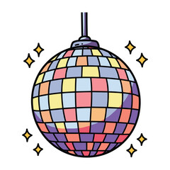 Colorful disco ball with shimmering stars reflecting retro party vibes – stock vector flat illustration