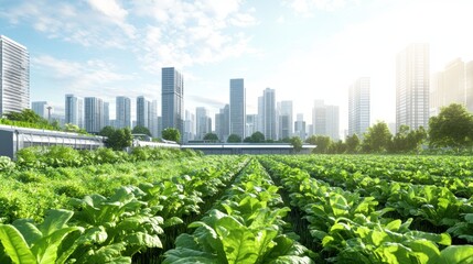 Urban Farming in Futuristic Green City with Skyscrapers.