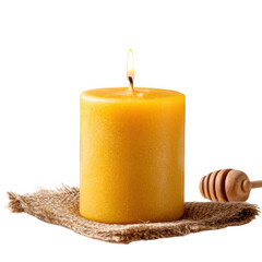 Decorative yellow beeswax candle with a warm glow in a cozy setting [Transparent Background PNG].