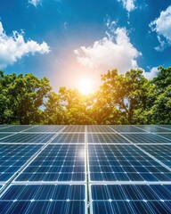 Photovoltaic solar array under blue sky at sunrise.