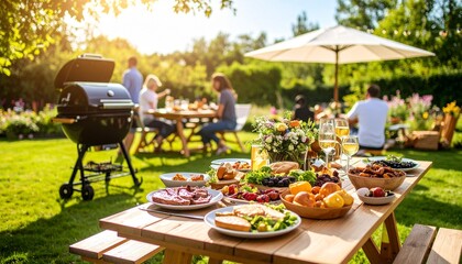 Summer barbecue party with food on a picnic table in a sunny garden.

