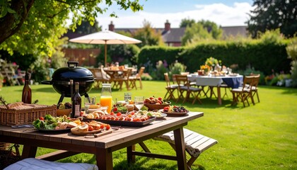 Summer barbecue party with food on a picnic table in a sunny garden.

