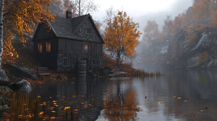 Fototapeta premium Cozy Wooden Cabin by Serene Lake Surrounded by Autumn Colors