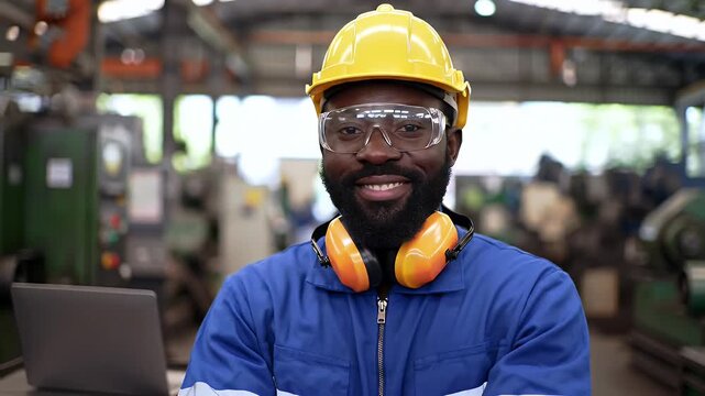 Portrait of Cheerful Factory Worker with Yellow Helmet and Safety Goggles at Work