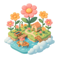 3D Stylized Fantasy Flower Island in Isometric Low-Poly Style