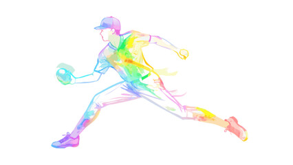 Watercolor baseball player pitching illustration, athletic sport artwork, colorful baseball art print design