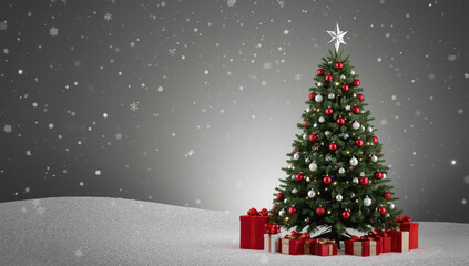 A beautifully decorated Christmas tree with red gifts stands in a snowy landscape as snow falls gently.