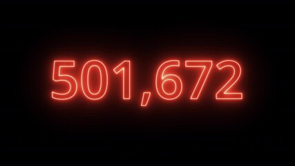 Neon counter numbers animation on black background, neon glowing numbers count animated with alpha channel, neon 1 million counting numbers.