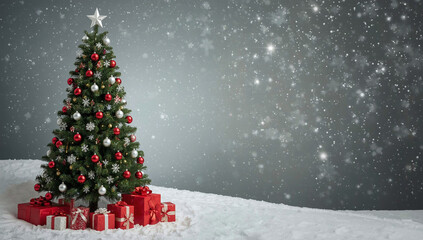 A festive Christmas tree adorned with red and silver ornaments and a star, with presents underneath in a snowy landscape.