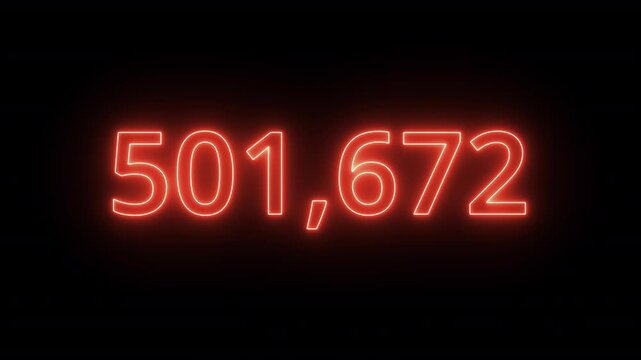 Neon counter numbers animation on black background, neon glowing numbers count animated with alpha channel, neon 1 million counting numbers.