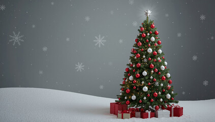 An elegant Christmas tree decorated with red and white ornaments and a bright star, surrounded by presents in a snowy landscape.
