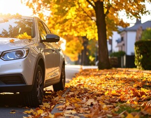 Silver Car Parked On Autumn Street With Golden Leaves