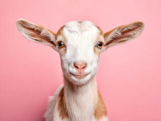 Fototapeta premium Close-up Portrait of a Young Goat with Wide Ears on a Pink Background animal farm