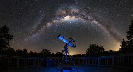 Telescope on wooden deck beneath curved Milky Way fisheye view.
