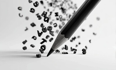 A black pencil point poised amidst a flurry of floating letters and numbers