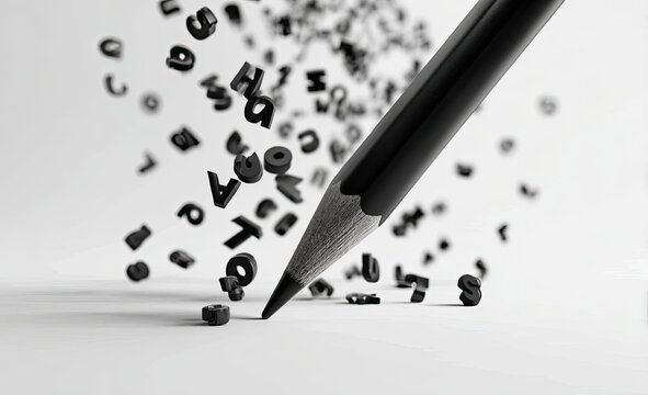 A black pencil point poised amidst a flurry of floating letters and numbers